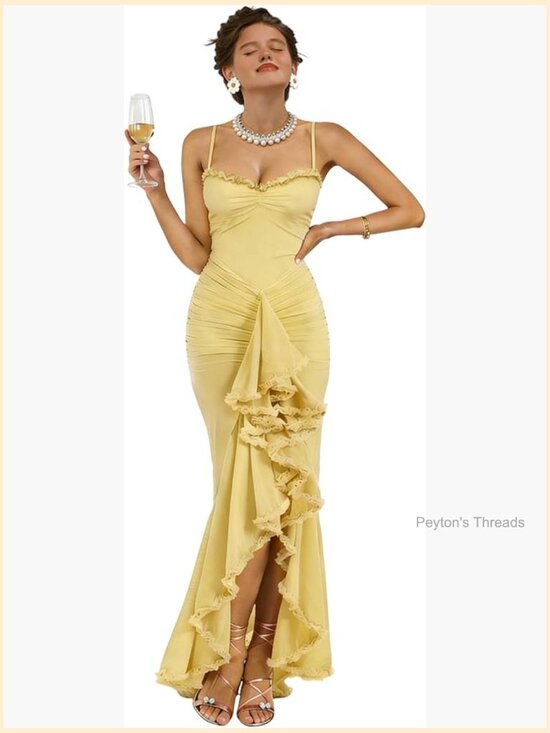 Dresses & Skirts - Mesh Layered Ruffle Bodycon Maxi Dress Ruched Spaghetti Strap Formal